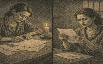 Ilustración de dos mujeres escribiendo una carta desde la cárcel.