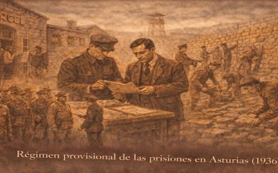 Ilustración régimen provisional de las prisiones en Asturias 1936 con reclusos y control en guerra