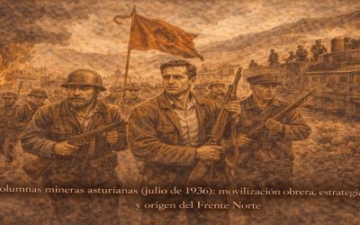 Ilustración columnas mineras asturianas avanzando en julio de 1936 durante la guerra civil