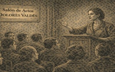 Ilustración representa a Dolores Valdés dando una conferencia feminista en 1927.