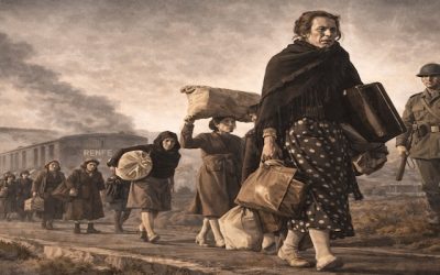 Ilustración del traslado forzoso de mujeres represaliadas durante el franquismo, caminando con equipaje bajo vigilancia en un contexto de destierro y represión.