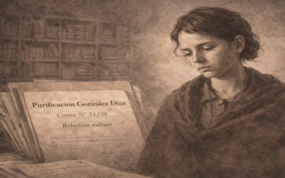 Ilustración de joven mujer represaliada durante el franquismo asociada a expediente judicial y archivo histórico en Asturias.