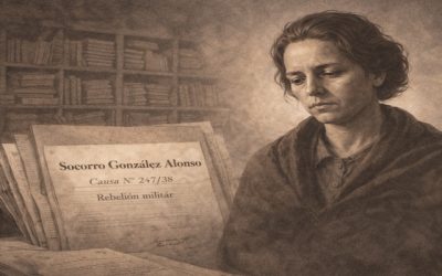 Ilustración de mujer represaliada durante el franquismo asociada a expediente judicial y archivo histórico en Asturias.