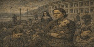 Ilustración representa a una madre y su hijo en la prision de Saturrarán