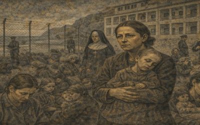 Ilustración representa a una madre y su hijo en la prision de Saturrarán