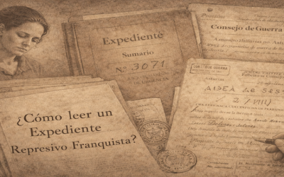 Expedientes y documentos de represión franquista con sellos, mecanografiado y anotaciones para análisis histórico