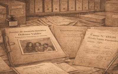 Ilustración de dossier de memoria histórica con documentos, expedientes y manuscritos relacionados con la represión franquista en Asturias.