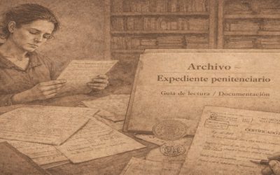 Ilustración en tono sepia de mujer revisando documentos de archivo con expedientes penitenciarios franquistas y papeles mecanografiados