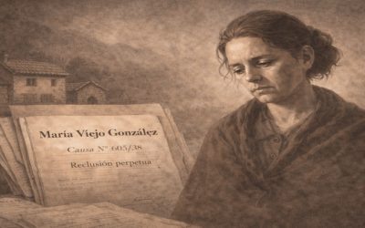 Ilustración de mujer represaliada durante el franquismo asociada a expediente judicial y entorno rural en Asturias.