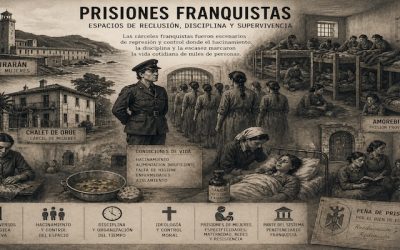 Prisiones franquistas con hacinamiento, disciplina y vida cotidiana en cárceles de mujeres durante la posguerra.