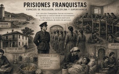 Prisiones franquistas con hacinamiento, disciplina y vida cotidiana en cárceles de mujeres durante la posguerra.