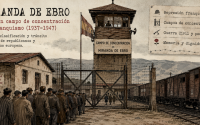 Ilustración en tonos sepia del campo de concentración de Miranda de Ebro con presos republicanos y barracones franquistas.