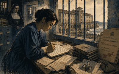 Ilustración de una presa republicana escribiendo clandestinamente en un cuaderno dentro de la prisión de mujeres de Saturrarán durante la posguerra franquista.